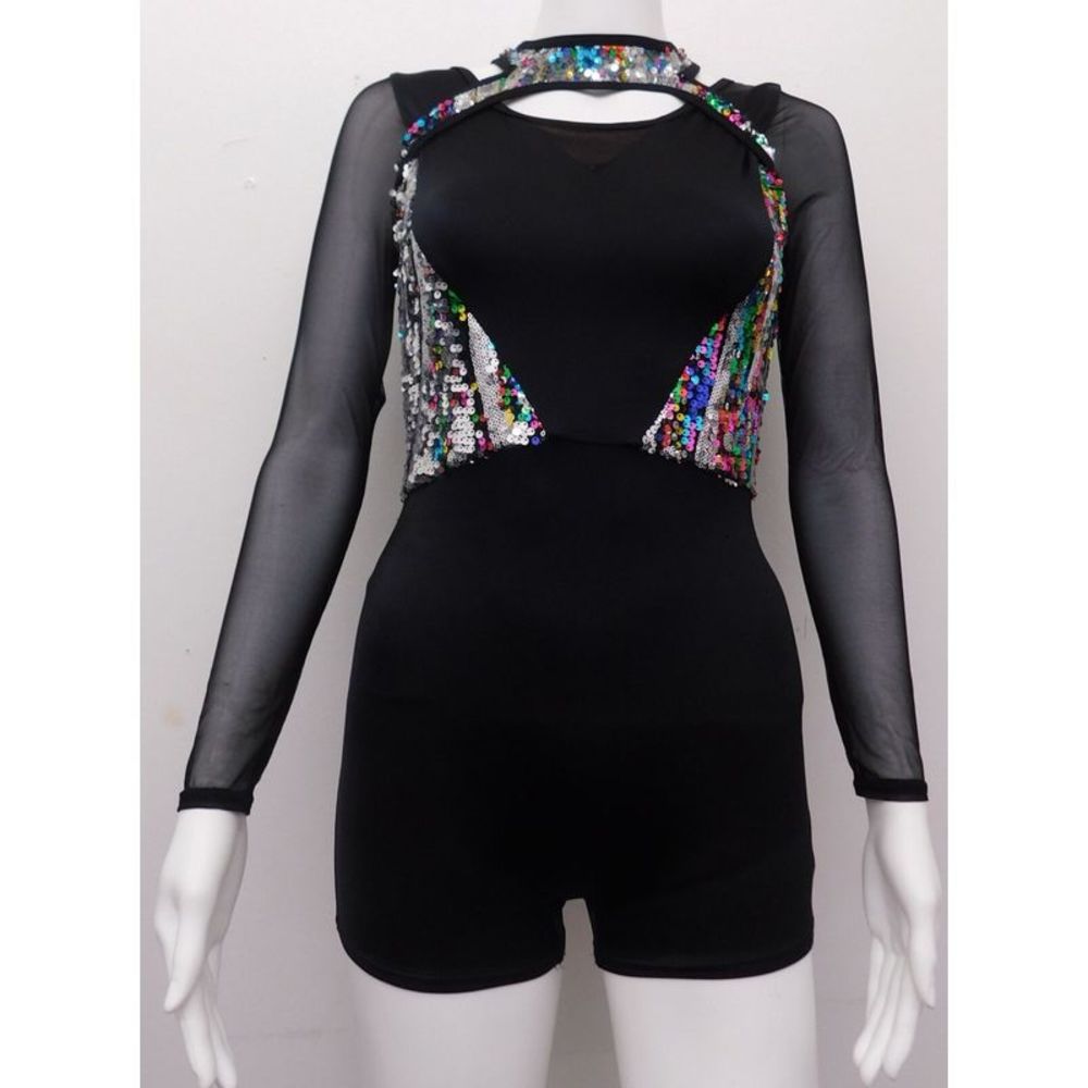 Black Sequin Mesh Long Sleeve Women's Bodysuit